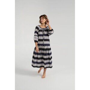 Apiece Apart Womens Chemlali Dress Sz M Indigo Blue Ikat Boho Midi Drop Waist